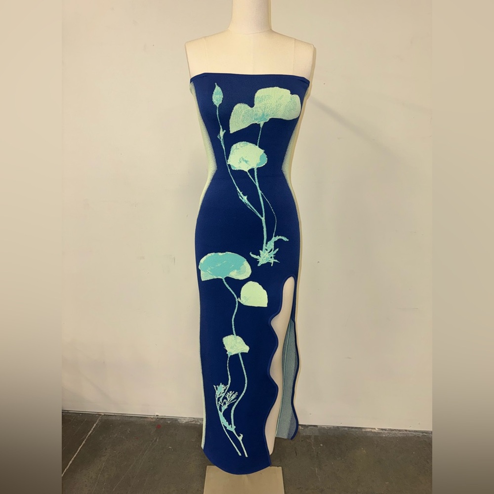 PH5 Strapless Dress in Blue with Floral Design